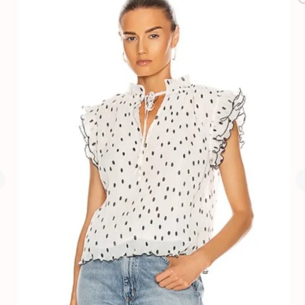 Ganni White/Black Pleated Polka Dot Top - Size 40 EU (US M)